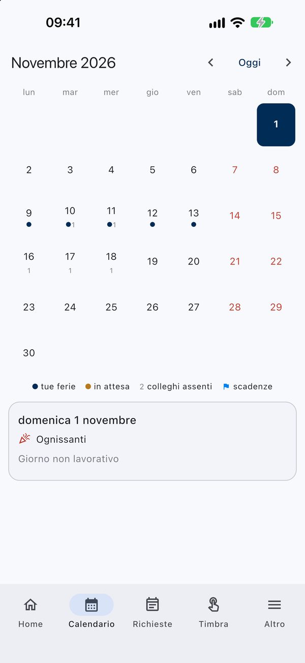 Calendario del mese nell'app con ferie, attese, colleghi assenti e scadenze