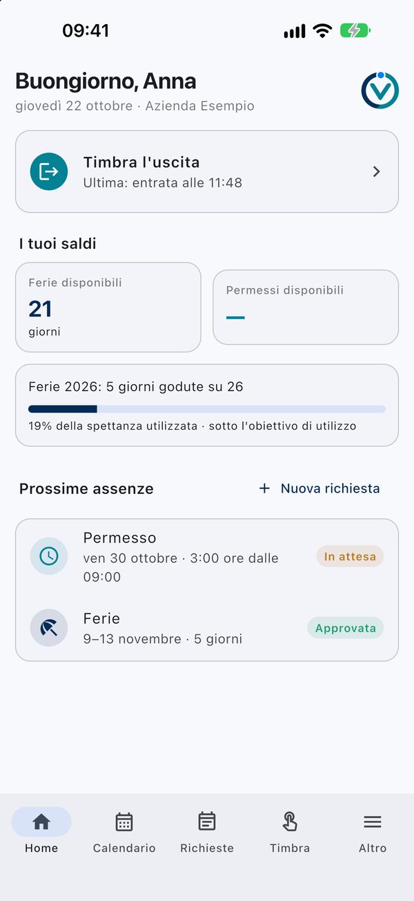 Orevia sullo smartphone: pagina iniziale con timbratura di oggi, saldi di ferie e prossime assenze