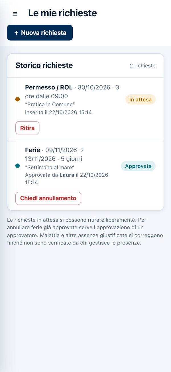 Storico delle richieste nell'app