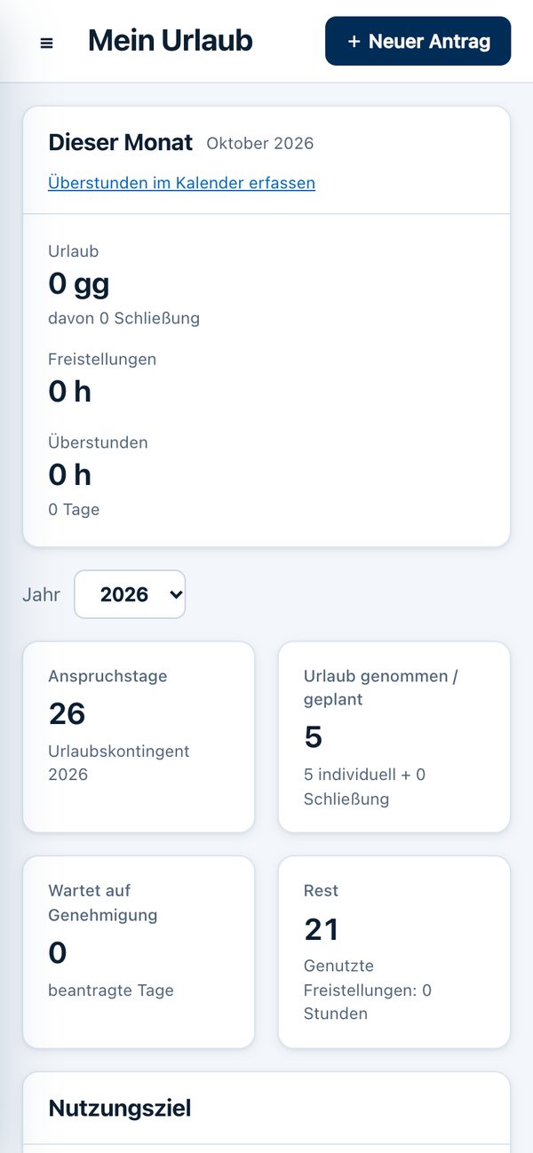 Orevia auf dem Smartphone: Mein Urlaub, mit Anspruch, genommenen, offenen und verbleibenden Tagen