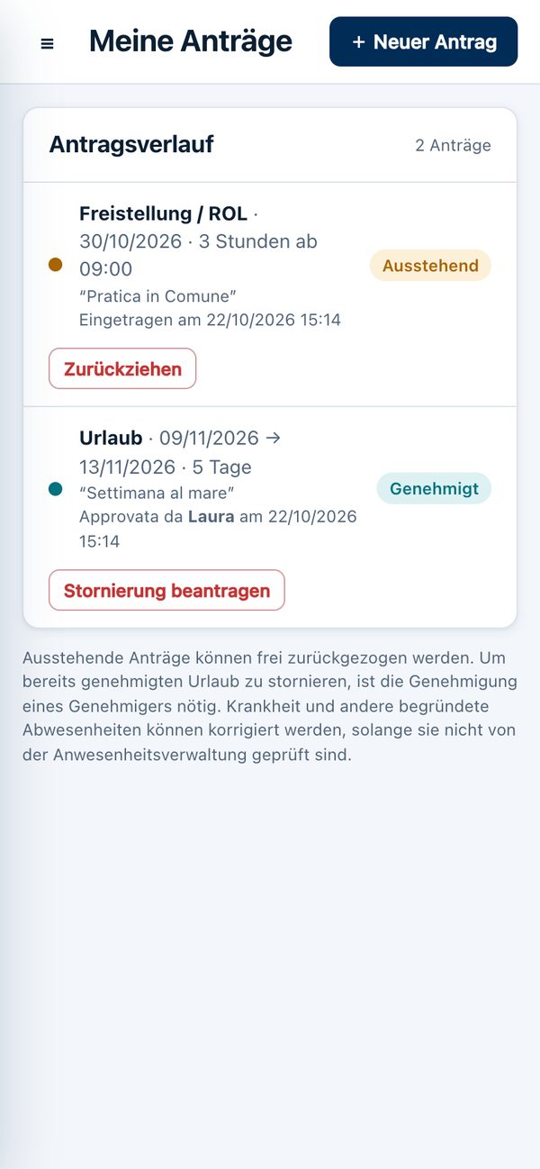 Orevia auf dem Smartphone: Antragsverlauf mit offener Freistellung und genehmigtem Urlaub