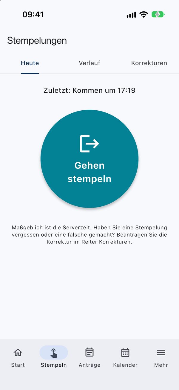 Orevia auf dem Smartphone: Ausstempeln mit einem Tippen, maßgeblich ist die Serverzeit