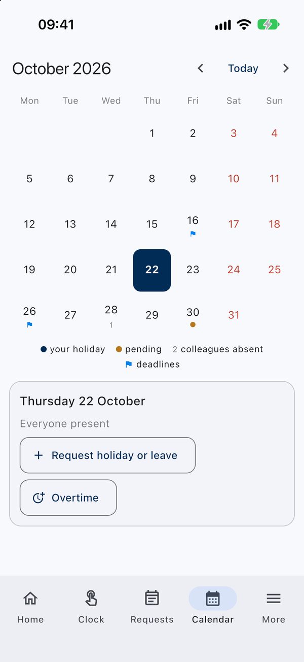 Monthly calendar in the app with holidays, pending requests, absent colleagues and deadlines