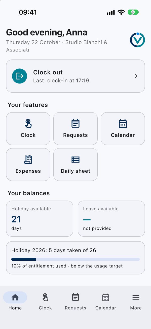 Orevia on a smartphone: home page with today’s clock-in, holiday balances and upcoming absences