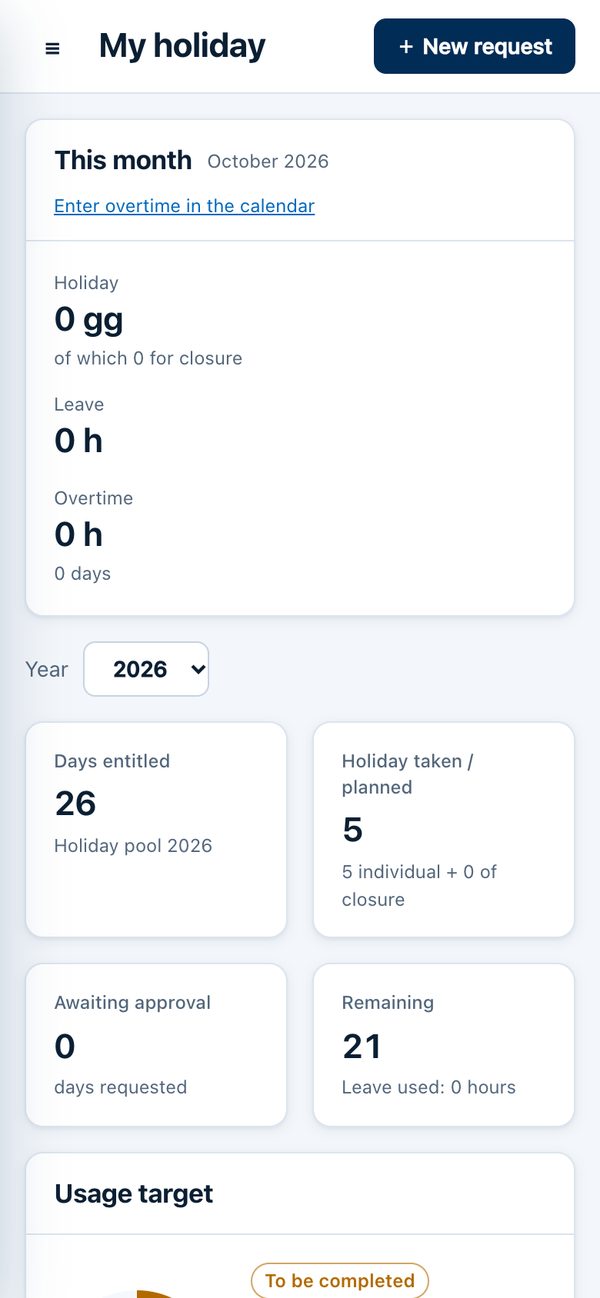Orevia on a smartphone: my holidays, with days entitled, taken, pending and remaining