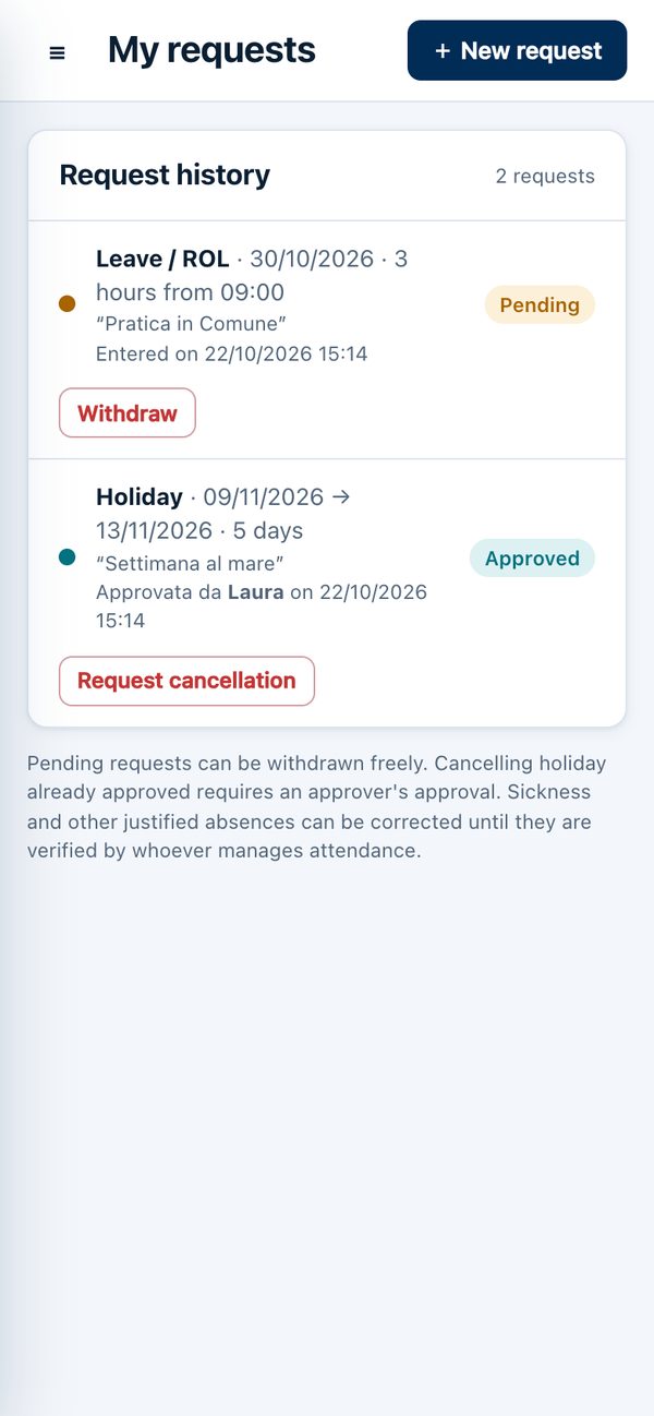 Orevia on a smartphone: request history with pending leave and approved holidays
