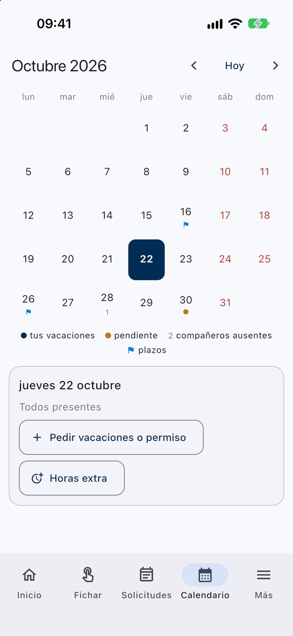 Calendario del mes en la app con vacaciones, solicitudes pendientes, compañeros ausentes y vencimientos