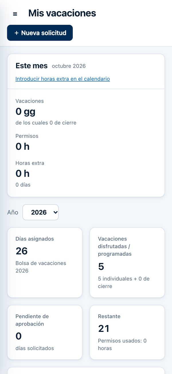 Orevia en el smartphone: mis vacaciones, con días que corresponden, disfrutados, pendientes y restantes