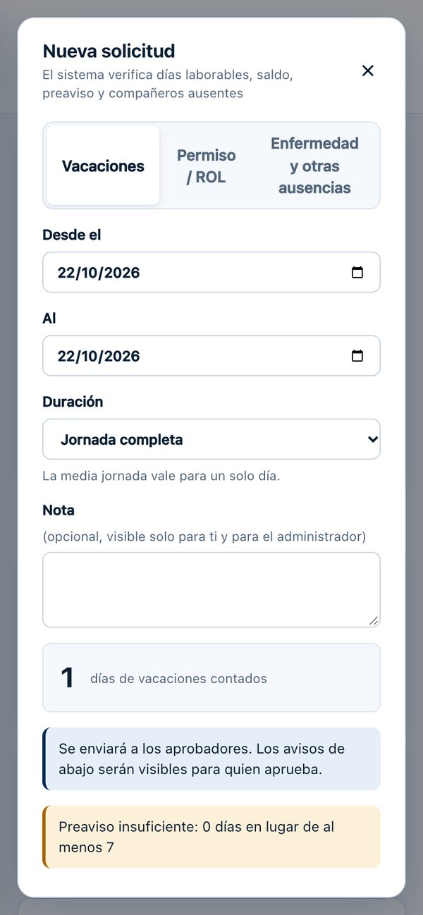 Nueva solicitud de vacaciones con los días contados y avisos antes del envío