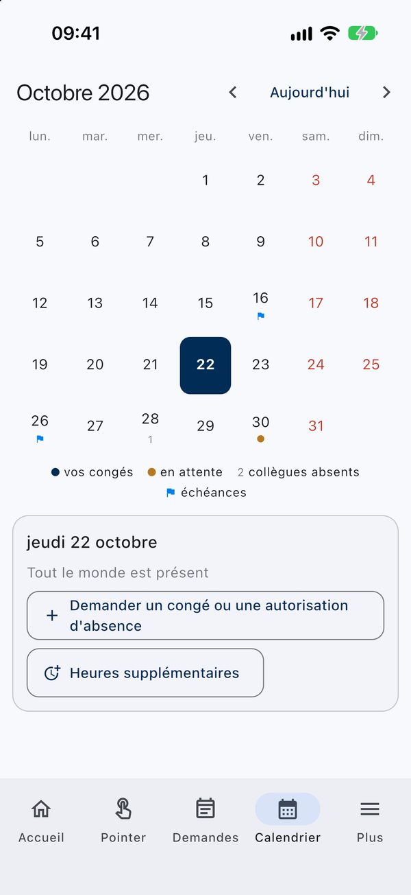 Calendrier du mois dans l'appli avec congés, demandes en attente, collègues absents et échéances