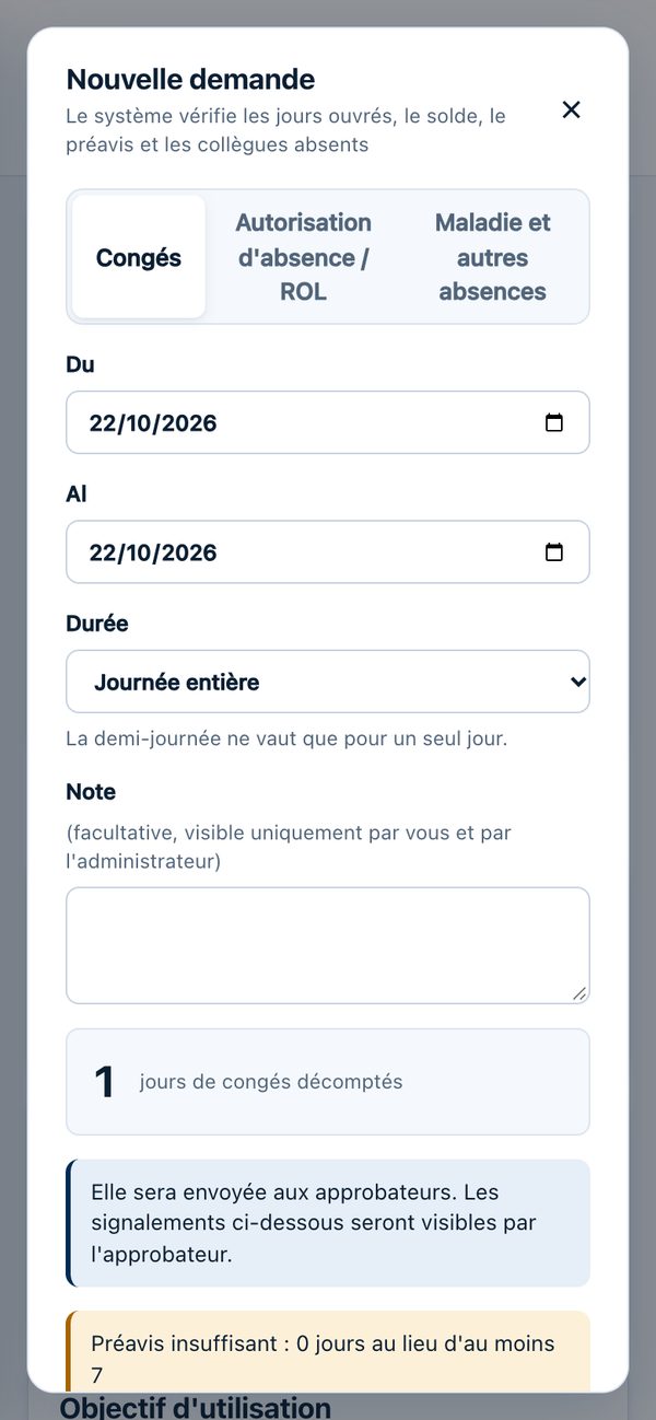 Nouvelle demande de congés avec jours comptés et alertes avant l'envoi