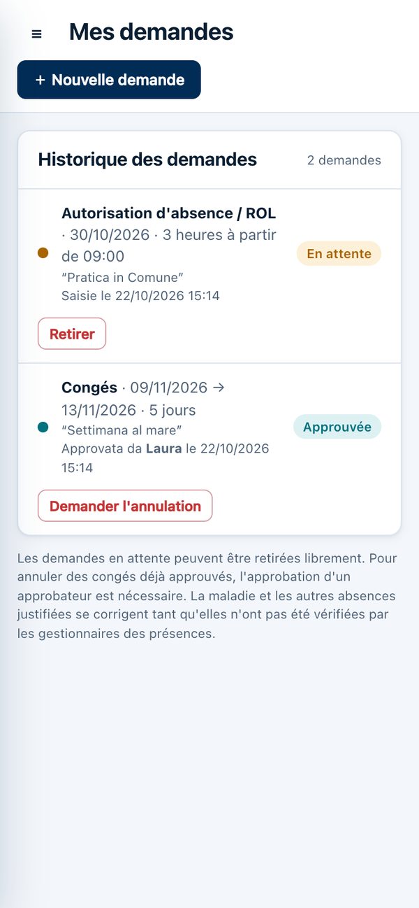 Historique des demandes avec une absence en attente et des congés approuvés