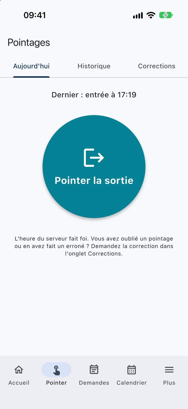 Orevia sur smartphone : pointage de sortie d'un simple geste, l'heure du serveur fait foi