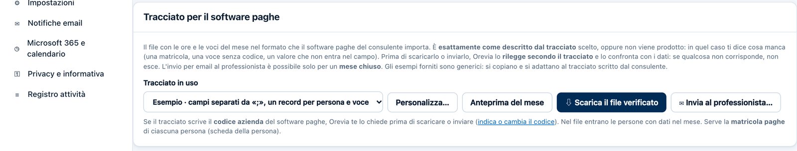 Format für die Lohnsoftware in Orevia: Vorschau des Monats, Download der geprüften Datei und Versand an das Lohnbüro