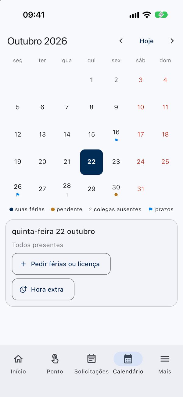 Calendário do mês no app com férias, pendências, colegas ausentes e prazos