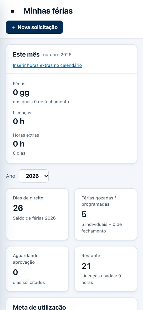 Orevia no smartphone: minhas férias, com dias de direito, gozados, pendentes e saldo
