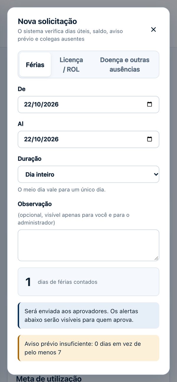 Novo pedido de férias com dias contados e alertas antes do envio