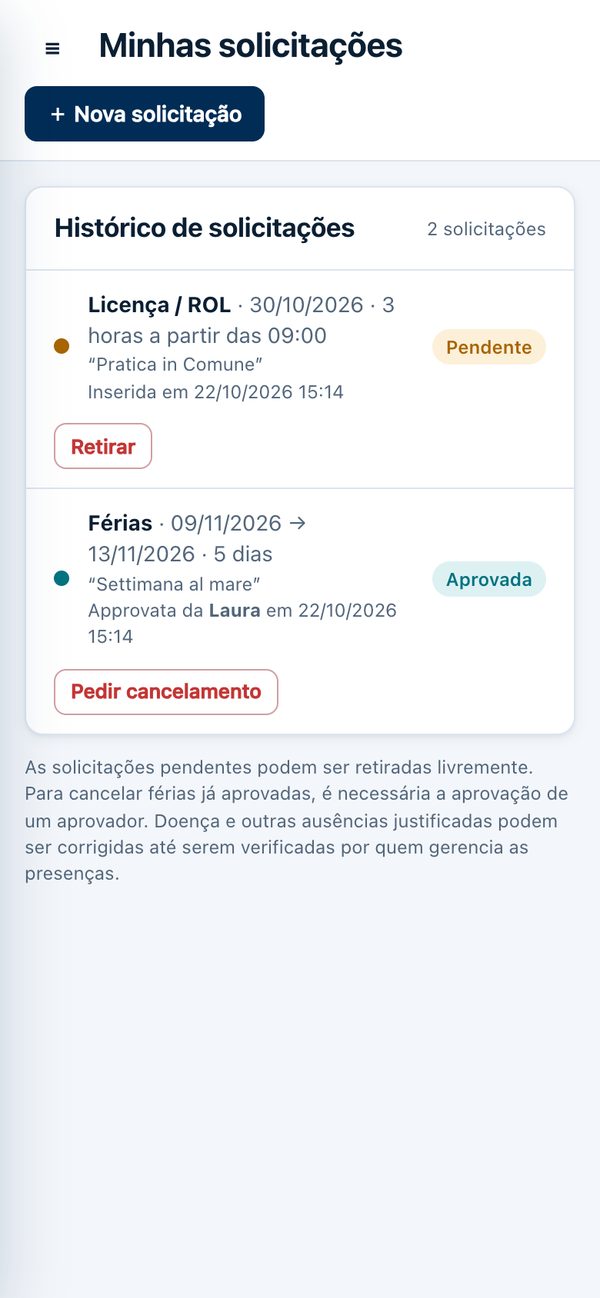 Orevia no smartphone: histórico dos pedidos com licença pendente e férias aprovadas